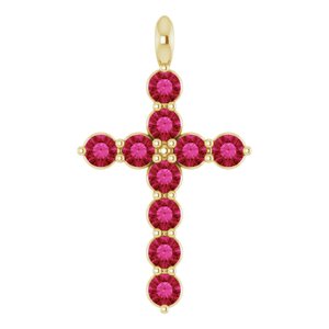 14K Gold Round Lab-Grown Ruby Accented Cross Necklace or Pendant