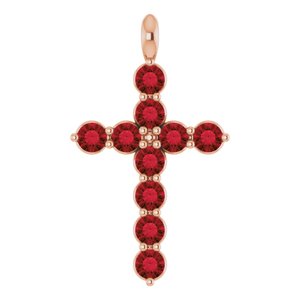 14K Gold Round Natural Mozambique Garnet Accented Cross Necklace or Pendant
