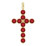 14K Gold Round Natural Mozambique Garnet Accented Cross Necklace or Pendant