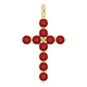 14K Gold Round Natural Mozambique Garnet Accented Cross Necklace or Pendant