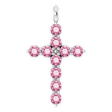 14K Gold Round Natural Pink Tourmaline Accented Cross Necklace or Pendant