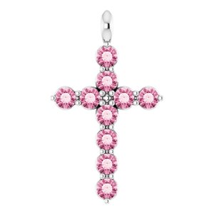 14K Gold Round Natural Pink Tourmaline Accented Cross Necklace or Pendant