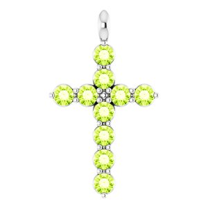 Platinum Round Natural Peridot Accented Cross Necklace or Pendant
