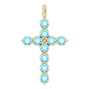 14K Gold Round Natural Aquamarine Accented Cross Necklace or Pendant