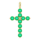 14K Gold Round Lab-Grown Emerald Accented Cross Necklace or Pendant