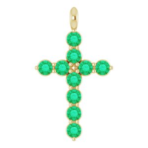 14K Gold Round Lab-Grown Emerald Accented Cross Necklace or Pendant