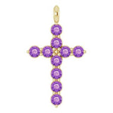 14K Gold Round Natural Amethyst Accented Cross Necklace or Pendant