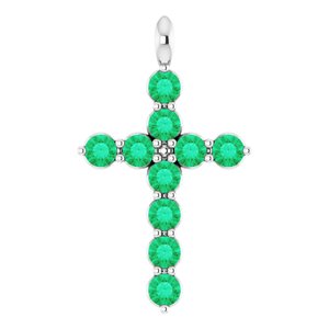 14K Gold Round Lab-Grown Emerald Accented Cross Necklace or Pendant