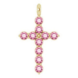 14K Gold Round Natural Pink Tourmaline Accented Cross Necklace or Pendant