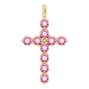 14K Gold Round Natural Pink Tourmaline Accented Cross Necklace or Pendant