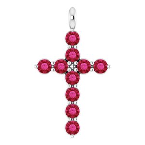 Platinum Round Lab-Grown Ruby Accented Cross Necklace or Pendant