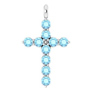 14K Gold Round Natural Aquamarine Accented Cross Necklace or Pendant