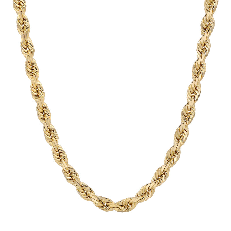 Close-up shot of a glistening 10K yellow gold rope chain with a diamond-cut finish, available in various widths from 1.5mm to 7mm, crafted by Italian Fashions