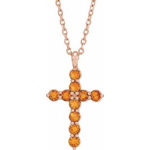 14K Gold Round Natural Citrine Accented Cross Necklace or Pendant