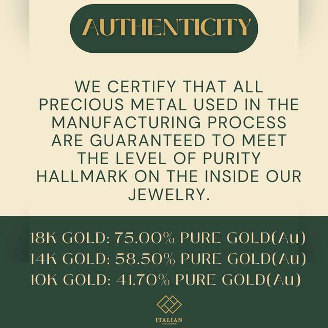 Authenticity certification for jewelry purity: details on 18K, 14K, and 10K gold content.