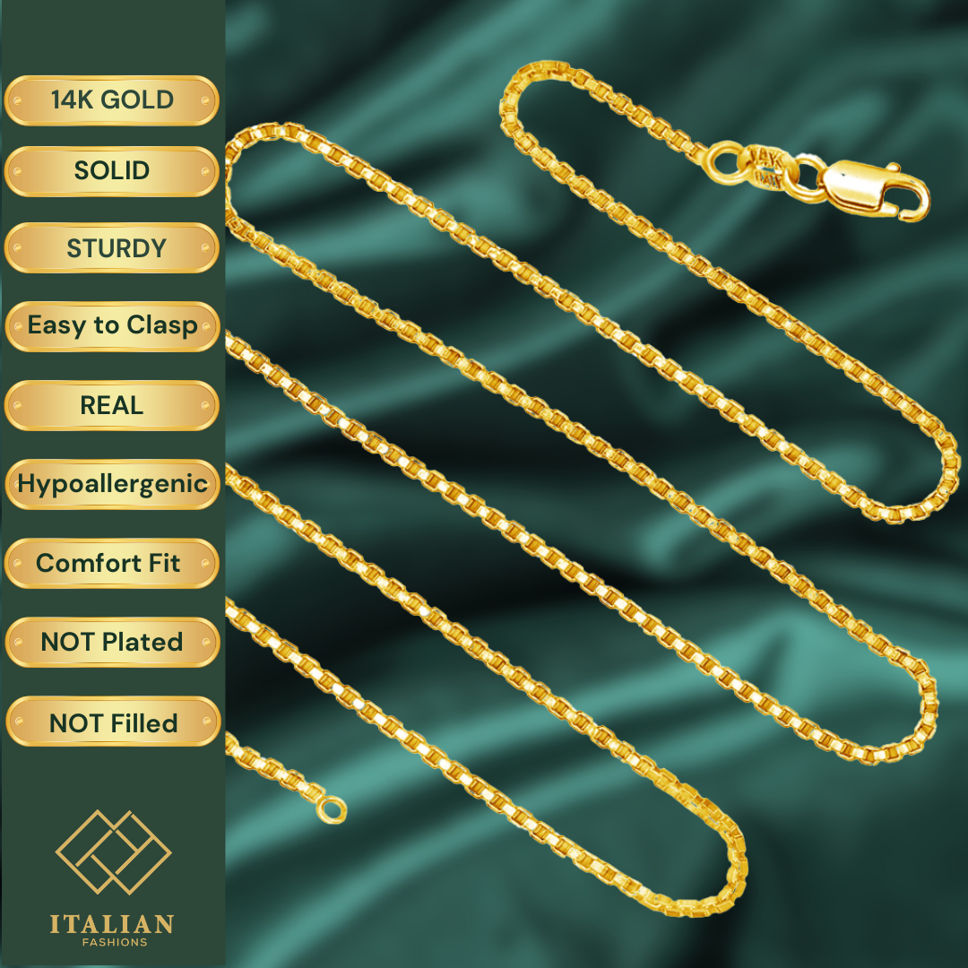 14K REAL Solid Yellow or White Gold 0.6mm-2.5mm 4 Sides Diamond Cut Box Chain