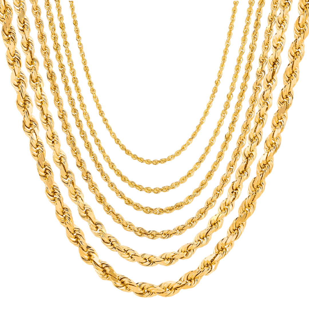 Corrente de corda com corte de diamante de 1,50 mm-7,00 mm em ouro amarelo REAL 10K REAL