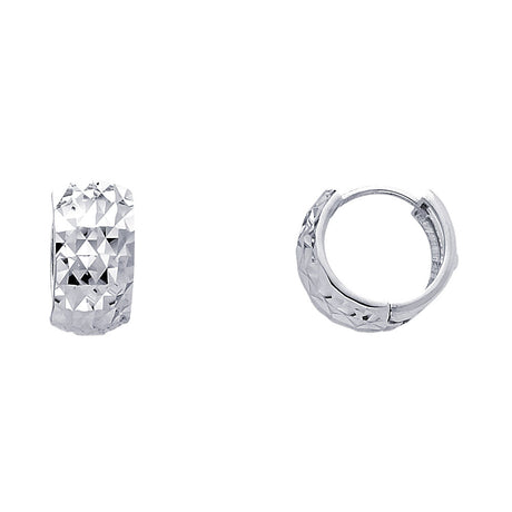 14K White Gold Faceted Diamond-Cut Huggie Earrings on white background - Italian Fashions