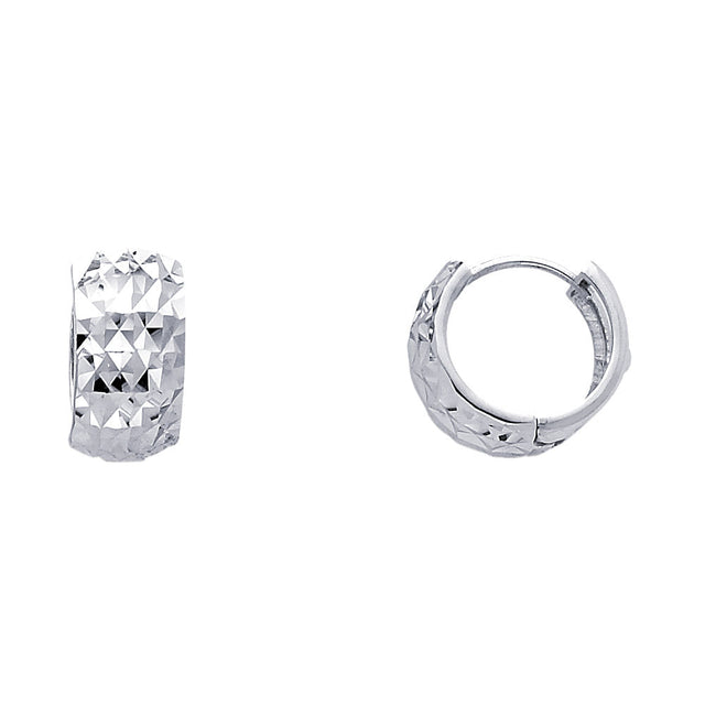 14K White Gold Faceted Diamond-Cut Huggie Earrings on white background - Italian Fashions