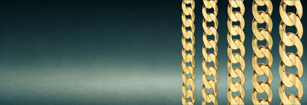 Yellow gold Cuban link chains on a teal background