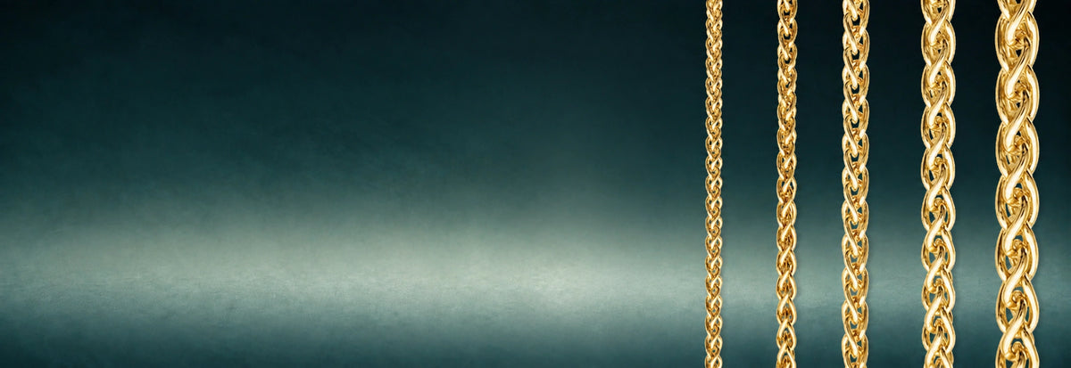 Yellow gold link chains on a dark teal background