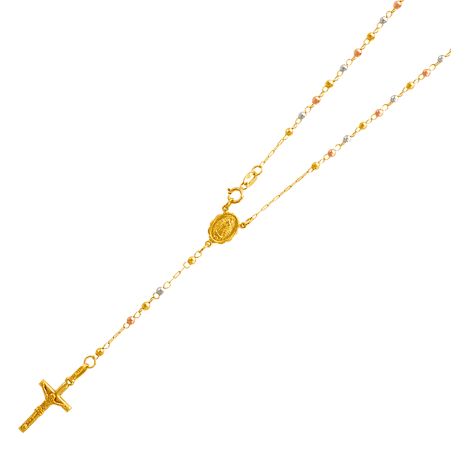 14k diamond cut rosary necklace featuring a delicate chain and crucifix, showcasing elegance and faith.