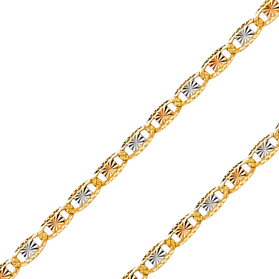14K REAL Tricolor White Gold 2.1mm-4.20mm Valentino Star & Rail Diamond Cut Chain