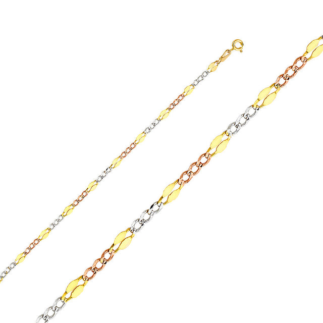 14K Tricolor Gold Solid Stamped 3.7 mm Figaro 3+1 Bracelet with Lobster Clasp