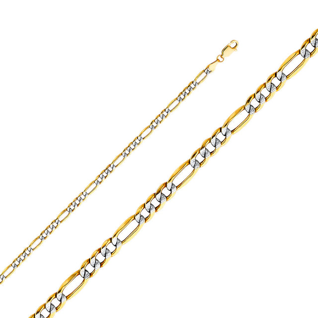 14K Two-Tone Gold Hollow 3.9 mm Bevelled Figaro 3+1 White Pavé Bracelet
