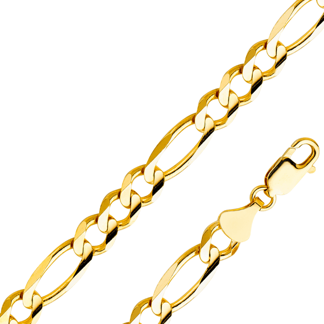 14K Real Solid Yellow Gold 2.70mm-11.30mm Figaro 3+1 Concave Regular Chain showcasing its shiny links and clasp.