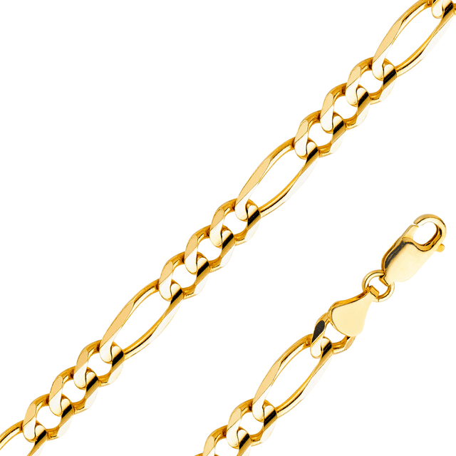 14K Real Solid Yellow Gold 2.70mm-11.30mm Figaro 3+1 Concave Regular Chain showcasing its shiny links and clasp.