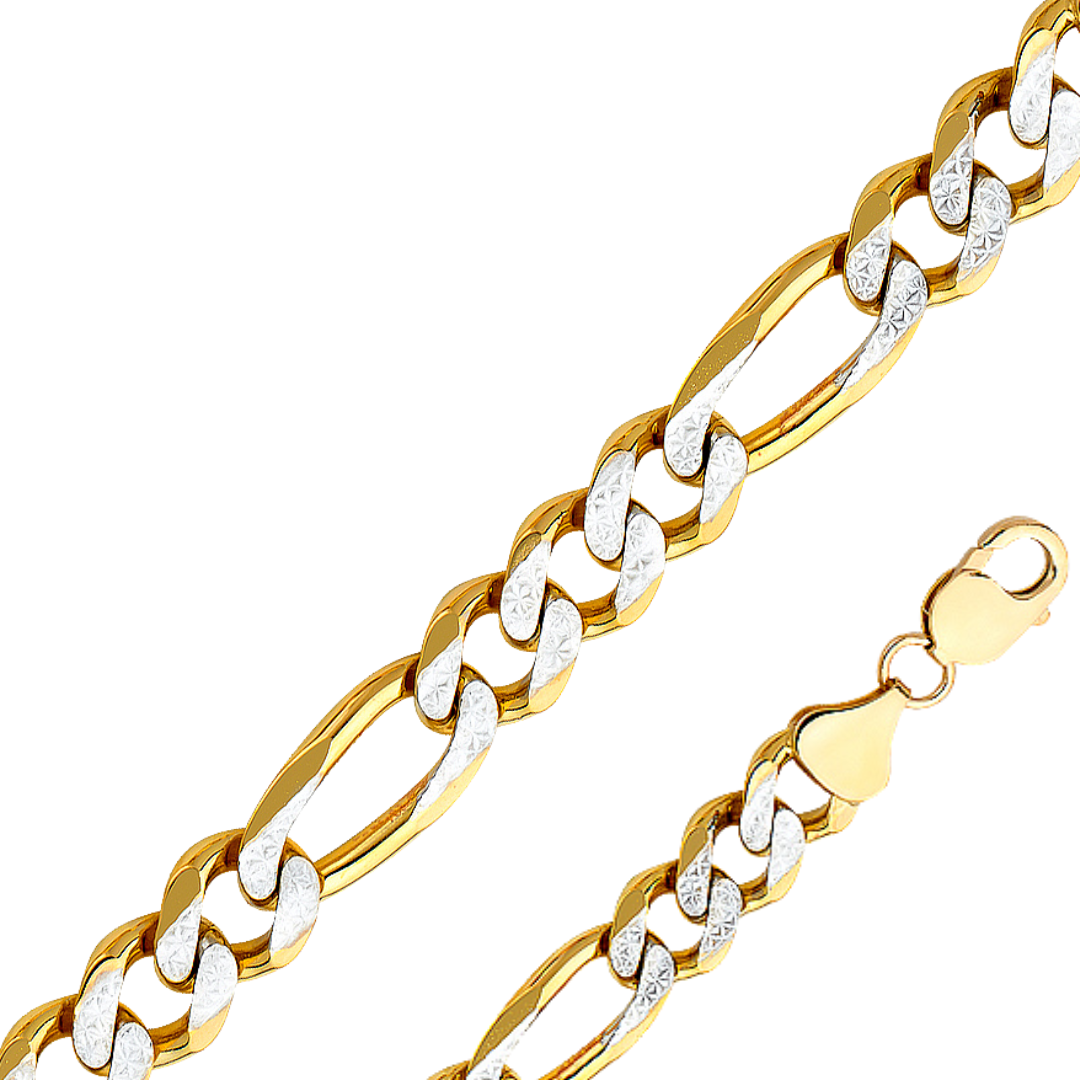 14K Real Solid Yellow Gold 1.80mm-11.30mm Figaro 3+1 Concave Regular White Pave Chain
