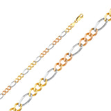 14K Tricolor Gold Solid 5.3 mm Concave Figaro 3+1 Bracelet