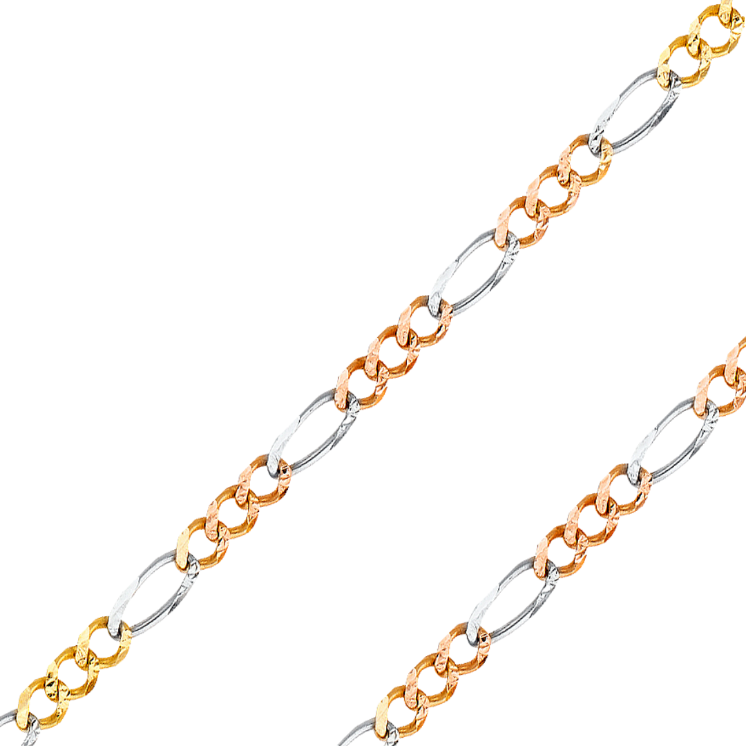 14K REAL Tricolor Gold 1.80mm-5.30mm Figaro 3+1 Concave Regular Diamond Cut Chain