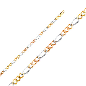 14K Tricolor Gold Solid 4.5 mm Concave Figaro 3+1 Bracelet
