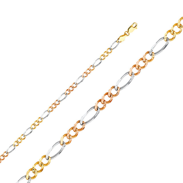 14K Tricolor Gold Solid 4.5 mm Concave Figaro 3+1 Bracelet