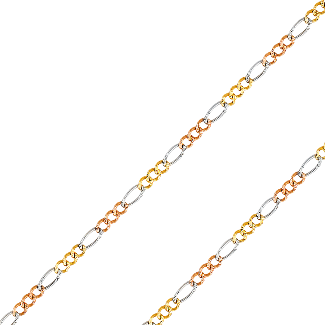 14K REAL Tricolor Gold 1.80mm-5.30mm Figaro 3+1 Concave Regular Diamond Cut Chain