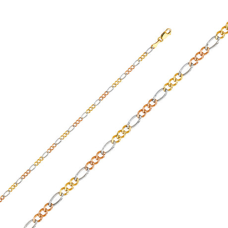 14K Tricolor Gold Solid 2.6 mm Concave Figaro 3+1 Bracelet