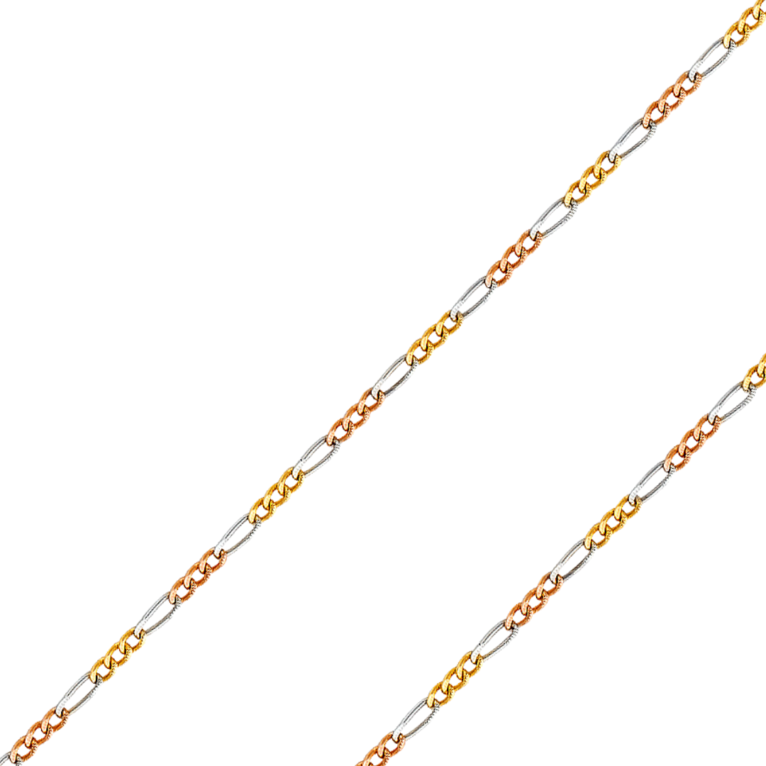 14K REAL Tricolor Gold 1.80mm-5.30mm Figaro 3+1 Concave Regular Diamond Cut Chain