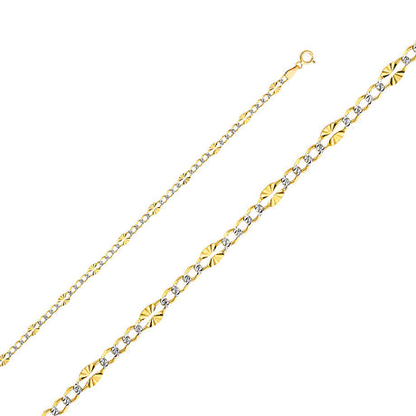 14K Two-Tone Gold Solid Diamond-Cut Stamped 3.7 mm White Pavé Figaro 3+1 Chain with Lobster Clasp