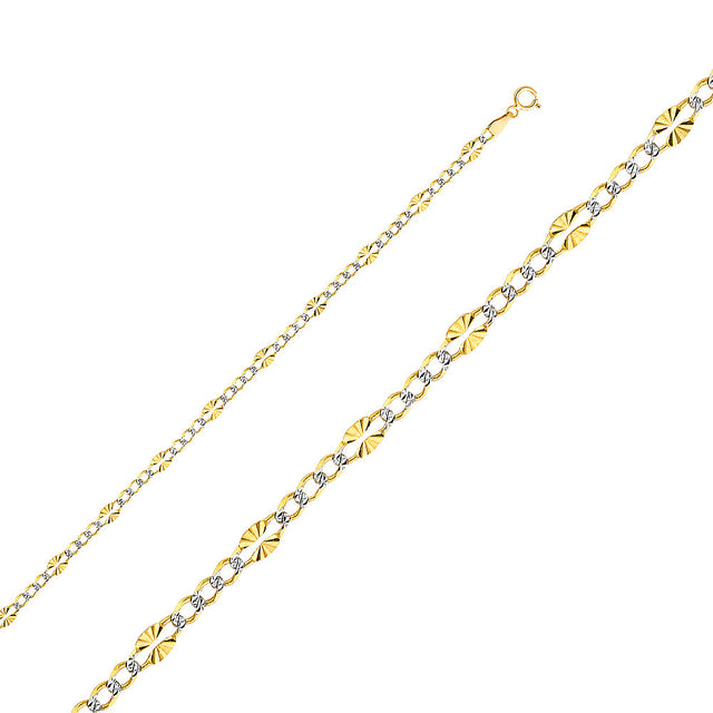 14K Two-Tone Gold Solid Diamond-Cut Stamped 3.7 mm White Pavé Figaro 3+1 Chain with Lobster Clasp
