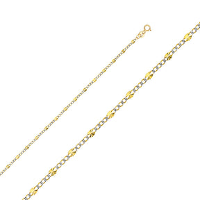 14K Two-Tone Gold Solid Diamond-Cut Stamped 2.5 mm White Pavé Figaro 3+1 Chain with Lobster Clasp
