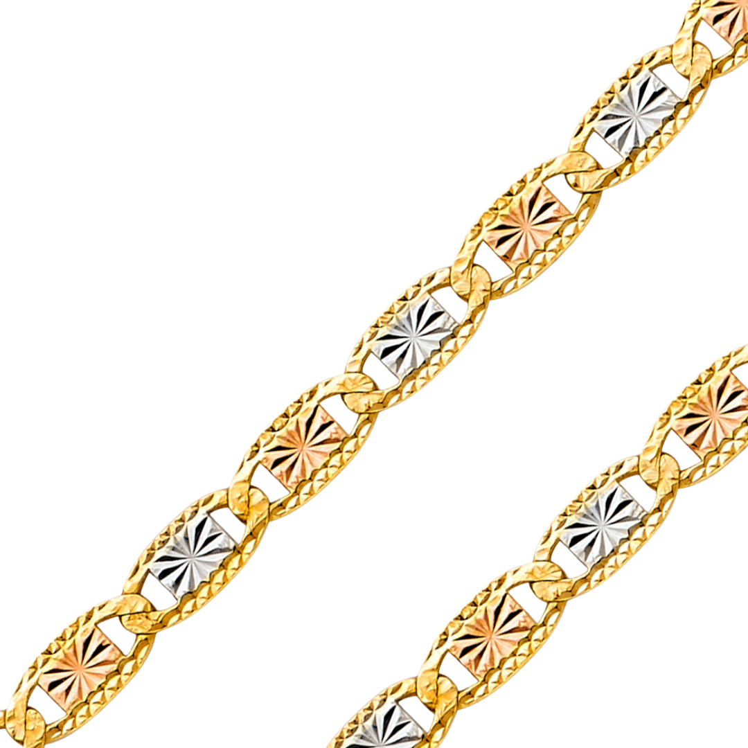 14K REAL Tricolor White Gold 2.1mm-4.20mm Valentino Star & Rail Diamond Cut Chain