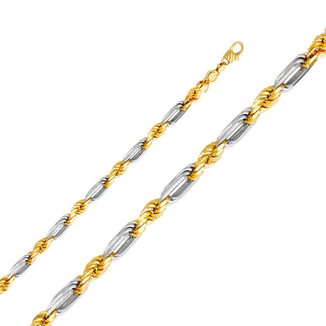 14K Two-Tone Gold Solid 7.5 mm Figaro Rope Bracelet