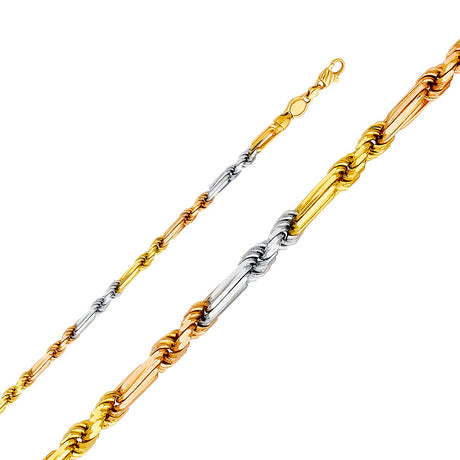 14K Tricolor Gold Solid 4 mm Figaro Rope Bracelet