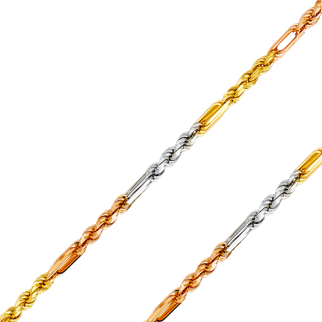14K REAL Yellow,Two-Tone,Tricolor Gold 3.00mm-7.50mm Solid FigaroRope Diamond Cut Chain