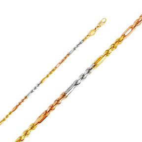 14K Tricolor Gold Solid 3 mm Figaro Rope Bracelet