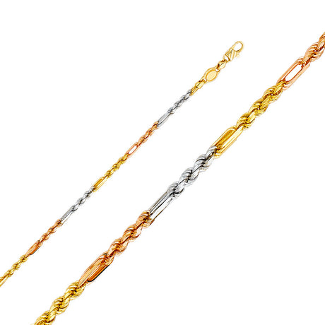 14K Tricolor Gold Solid 3 mm Figaro Rope Bracelet