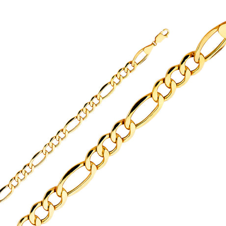 14K Yellow Gold Hollow 6.5 mm Bevelled Figaro 3+1 Bracelet