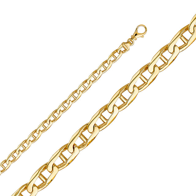 14K Yellow Gold Solid Handmade 6.6 mm Elongated Mariner Link Chain with Lobster Clasp
